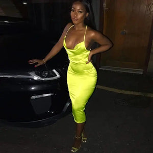 Satin Bodycon Cami Midi Dress With Spaghetti Straps