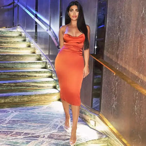 Satin Bodycon Cami Midi Dress With Spaghetti Straps