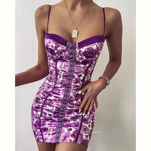 Satin Print Floral Dress Spaghetti Straps Push Up Padded Dress