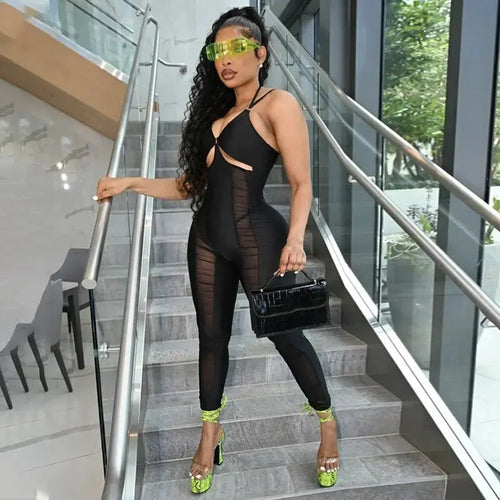 Sheer Mesh Cutout Front Ruched Skinny Jumpsuit