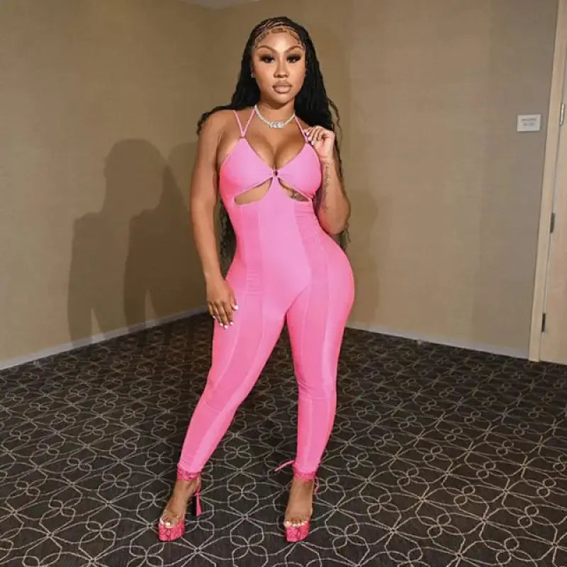 Sheer Mesh Cutout Front Ruched Skinny Jumpsuit