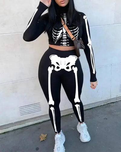 Skeleton Print Crop Top & High Waist Pants Set