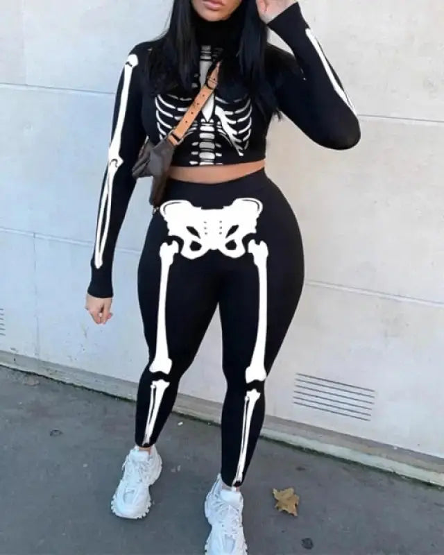 Skeleton Print Crop Top & High Waist Pants Set