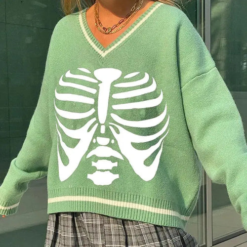 Skeleton Print Long Sleeve V-neck Pullover Top