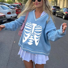 Load image into Gallery viewer, Skeleton Print Long Sleeve V-neck Pullover Top