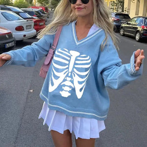 Skeleton Print Long Sleeve V-neck Pullover Top
