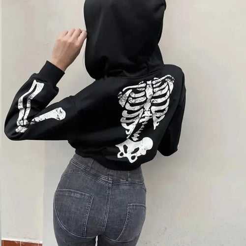 Skeleton Print Long Sleeve Zipper Black Crop Top Hoodie