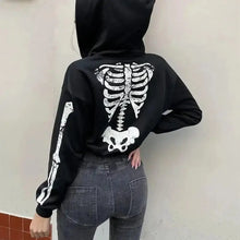 Load image into Gallery viewer, Skeleton Print Long Sleeve Zipper Black Crop Top Hoodie