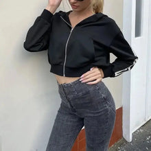 Load image into Gallery viewer, Skeleton Print Long Sleeve Zipper Black Crop Top Hoodie
