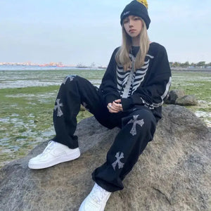 Skeleton Print Round Collar Loose E-girl Aesthetic Hoodie