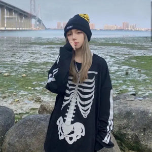 Skeleton Print Round Collar Loose E-girl Aesthetic Hoodie