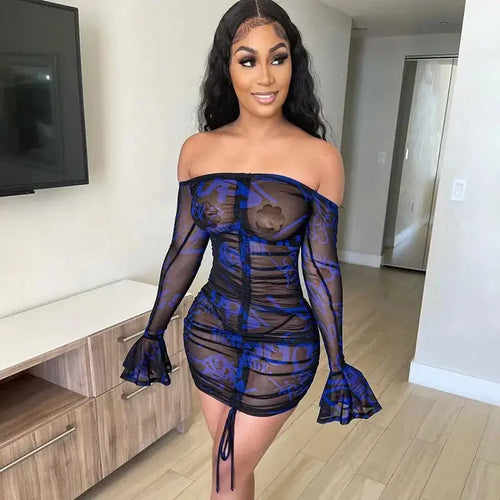 Slash Neck Bandage Mesh Bodycon Flared Dress