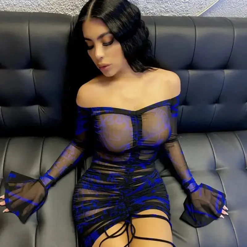 Slash Neck Bandage Mesh Bodycon Flared Dress