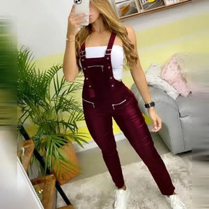 Sleeveless Casual Zipper Design Suspender Jumpsuit