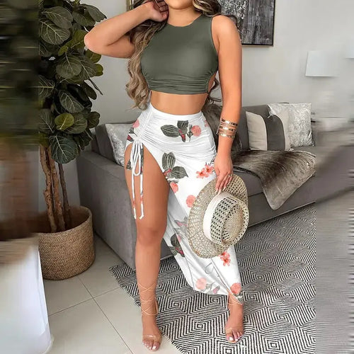 Sleeveless Cropped Solid Top & Floral Print Drawstring Midi Skirt Set