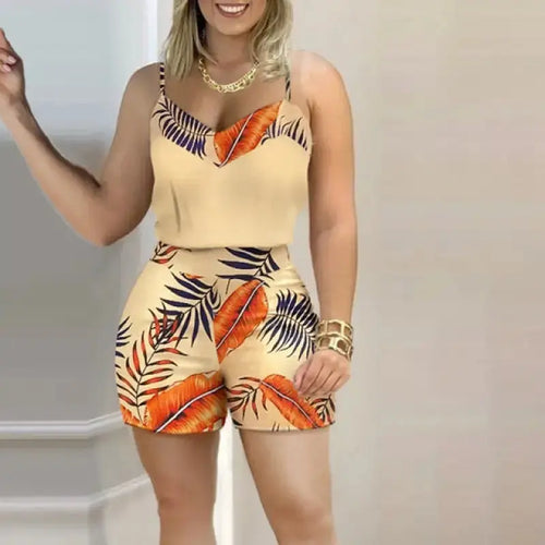 Sleeveless Floral Print Top & Pants Set With Belt
