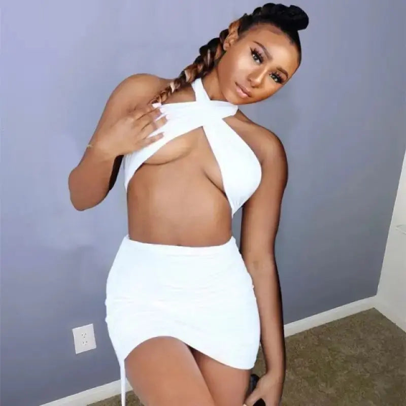 Sleeveless Halter Off Shoulder Crop Top & Ruched Skirt