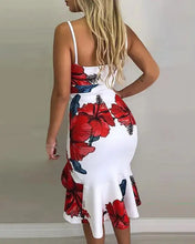 Load image into Gallery viewer, Sleeveless Spaghetti Strap Floral Print Slit Ruffles Dress