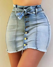 Load image into Gallery viewer, Slim Fit High Waist Button Design Fringe Hem Denim Skirt