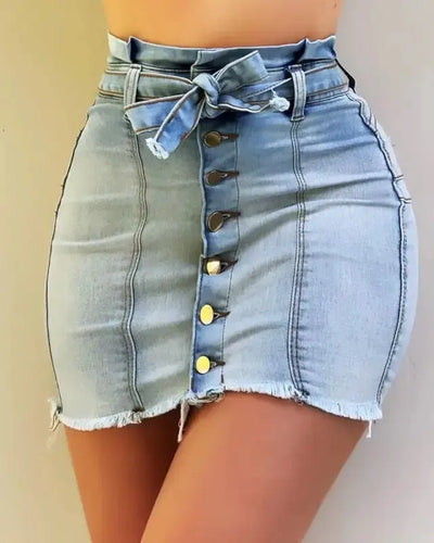 Slim Fit High Waist Button Design Fringe Hem Denim Skirt