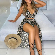 Load image into Gallery viewer, Solid Crop Top &amp; Sheer Mesh High Slit Maxi Skirt Set
