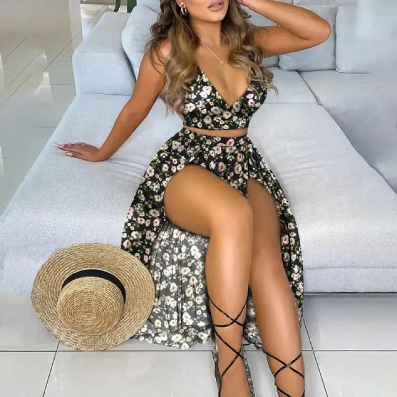 Solid Crop Top & Sheer Mesh High Slit Maxi Skirt Set