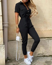 Load image into Gallery viewer, Solid Short Sleeve Buttoned Jumpsuit