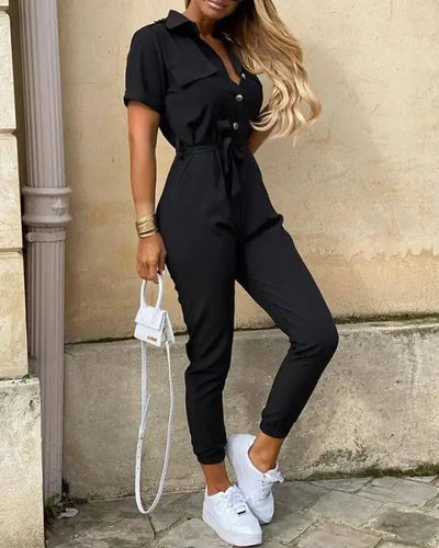 Solid Short Sleeve Buttoned Jumpsuit