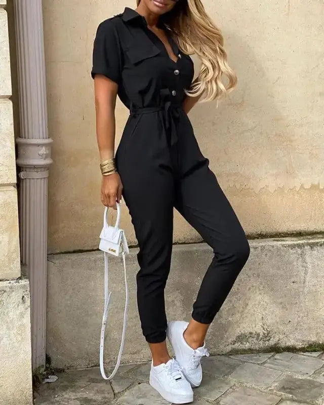 Solid Short Sleeve Buttoned Jumpsuit