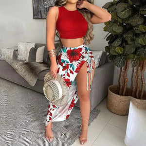 Solid Tank Top & Floral Drawstring Ruched Slit Thigh Skirt Set