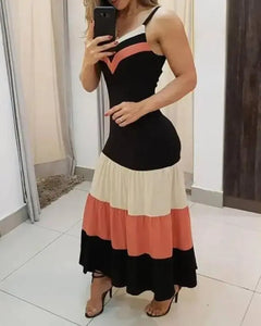 Spaghetti Strap Colorblock Ruched Ruffles Maxi Dress