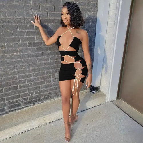 Spaghetti Strap Hollow Out Bandage Backless Bodycon Drees