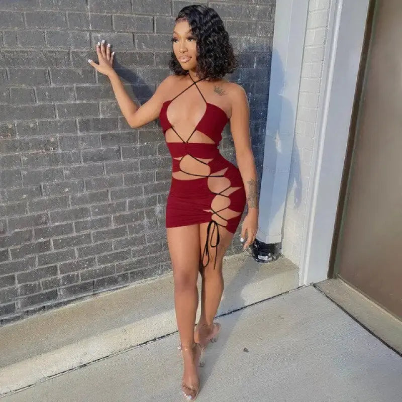 Spaghetti Strap Hollow Out Bandage Backless Bodycon Drees