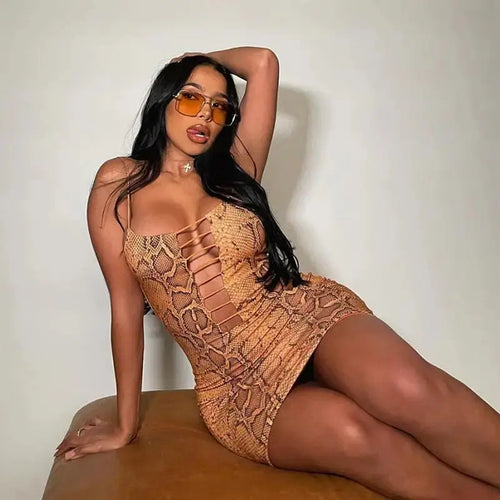 Spaghetti Strap Hollow Snakeskin Bodycon Cocktail Dress