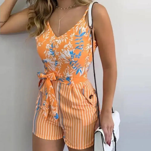 Spaghetti Strap Leaf Print Striped Knotted Romper