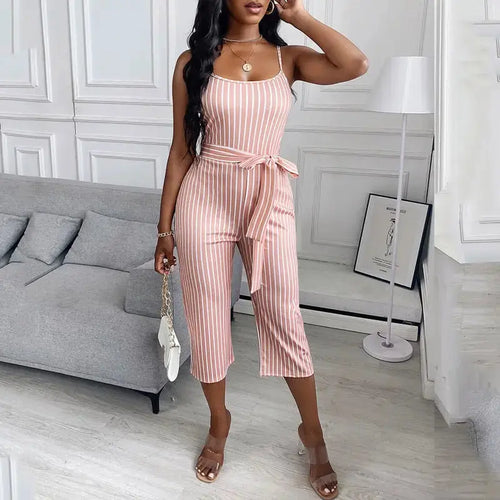 Spaghetti Strap Striped Slinky Belted Jumpsuit