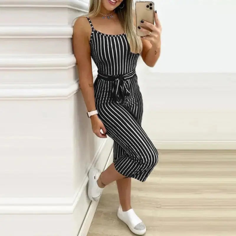 Spaghetti Strap Striped Slinky Belted Jumpsuit