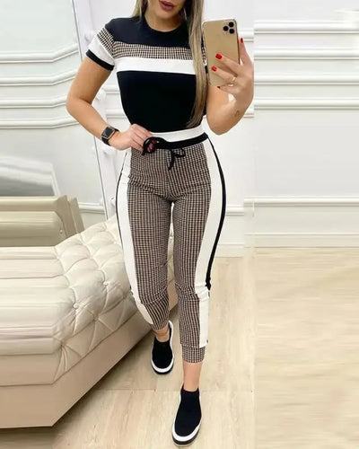 Striped Long Sleeve Top & Drawstring Pocket Design Pants Set