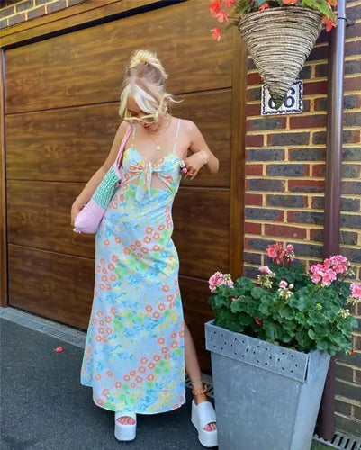 Sweet Floral Suspender Tied Cut Out Front Maxi Dress