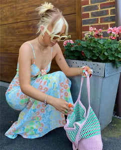 Sweet Floral Suspender Tied Cut Out Front Maxi Dress
