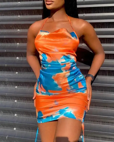 Tie Dye Folded Drawstring Cami Dress