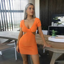 Load image into Gallery viewer, V-Neck Orange Short Sleeve Bodycon Hollow Out Dresses Party