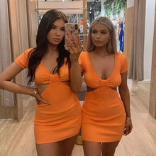Load image into Gallery viewer, V-Neck Orange Short Sleeve Bodycon Hollow Out Dresses Party
