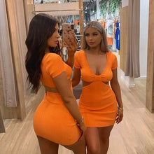 Load image into Gallery viewer, V-Neck Orange Short Sleeve Bodycon Hollow Out Dresses Party