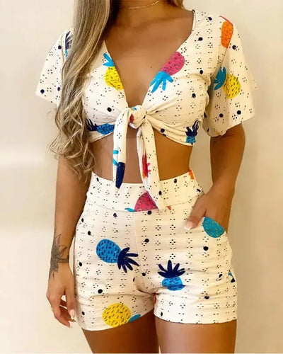 V-Neck Pineapple Crop Top With Shorts Set