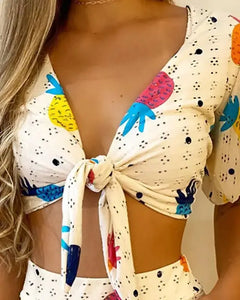 V-Neck Pineapple Crop Top With Shorts Set