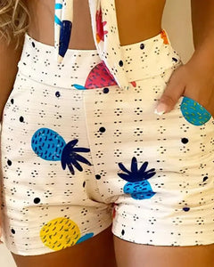 V-Neck Pineapple Crop Top With Shorts Set