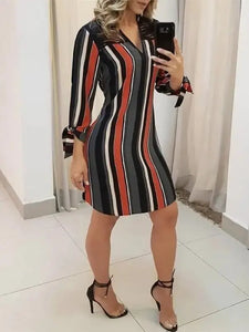 V Neck Striped Tassels Insert Tied Sleeve Shirt Dress