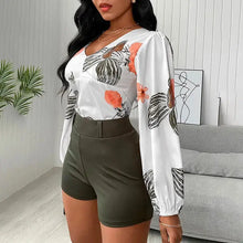 Load image into Gallery viewer, V Neck Tropical Print Long Sleeve Top &amp; Shorts Set