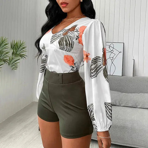 V Neck Tropical Print Long Sleeve Top & Shorts Set